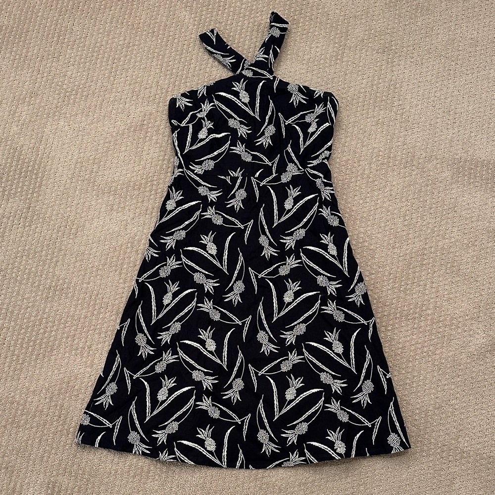 Ann Taylor Pineapple Linen Blend Halter Dress Navy White Size 6
